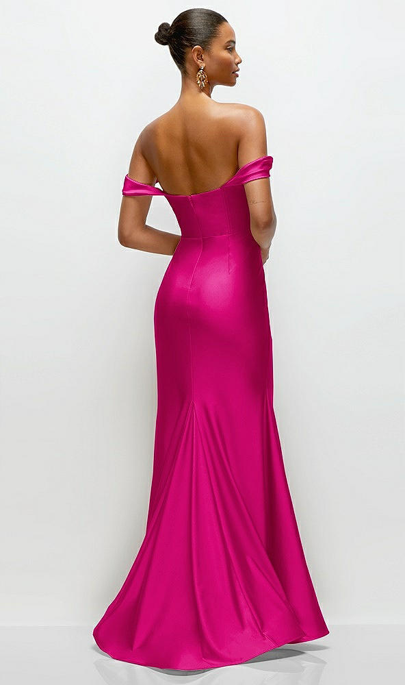 Back View - Think Pink Cowl Neck Off-the-Shoulder Stretch Satin Fit and Flare Corset Maxi Dress