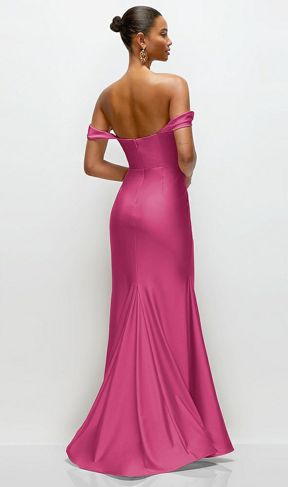 Back View - Tea Rose Cowl Neck Off-the-Shoulder Stretch Satin Fit and Flare Corset Maxi Dress