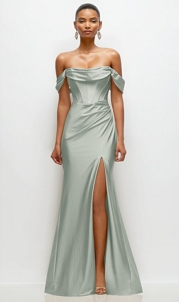 Front View - Willow Green Cowl Neck Off-the-Shoulder Stretch Satin Fit and Flare Corset Maxi Dress