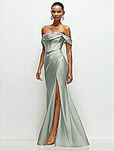 Side View Thumbnail - Willow Green Cowl Neck Off-the-Shoulder Stretch Satin Fit and Flare Corset Maxi Dress