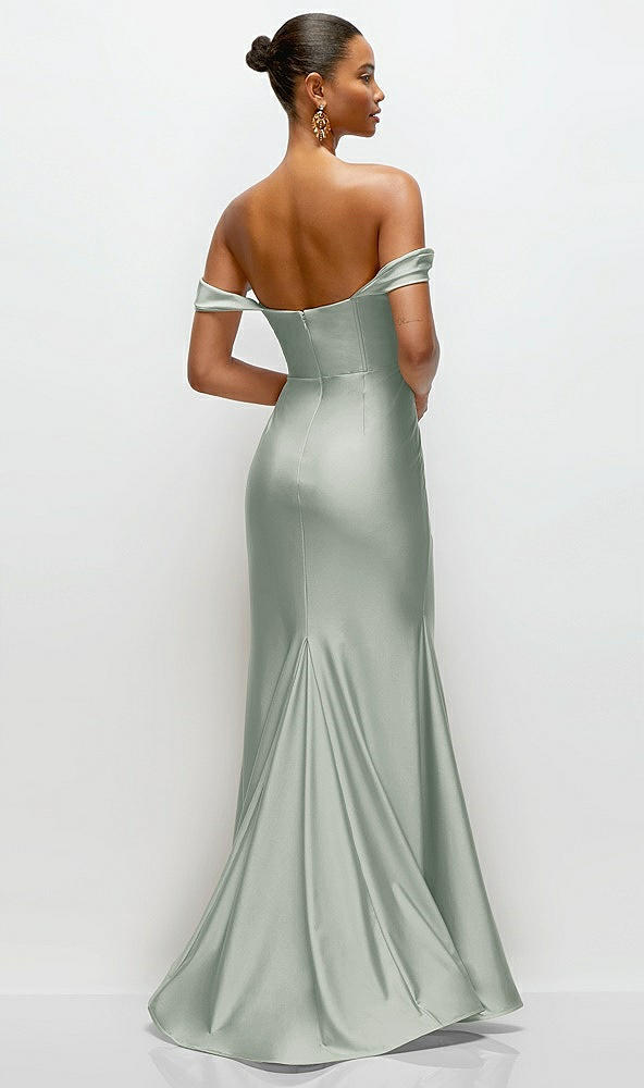 Back View - Willow Green Cowl Neck Off-the-Shoulder Stretch Satin Fit and Flare Corset Maxi Dress