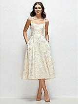 Front View Thumbnail - Ivory Gold Rosette Scoop Neck Ivory Gold Rosette Midi Dress with Horsehair Hem