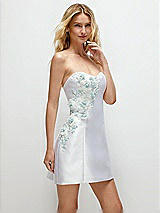 Alt View 1 Thumbnail - White Strapless Satin Little White Mini Dress with Cascading Pearl Flower Detail