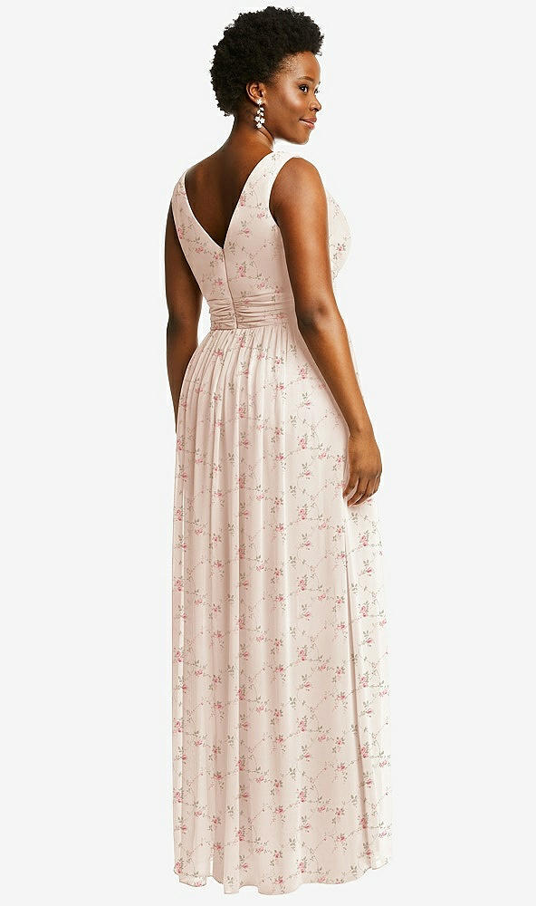 Back View - Coquette Floral Print Sleeveless Draped Chiffon Maxi Dress with Front Slit