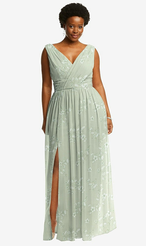 Front View - Vintage Primrose Sage Sleeveless Draped Chiffon Maxi Dress with Front Slit