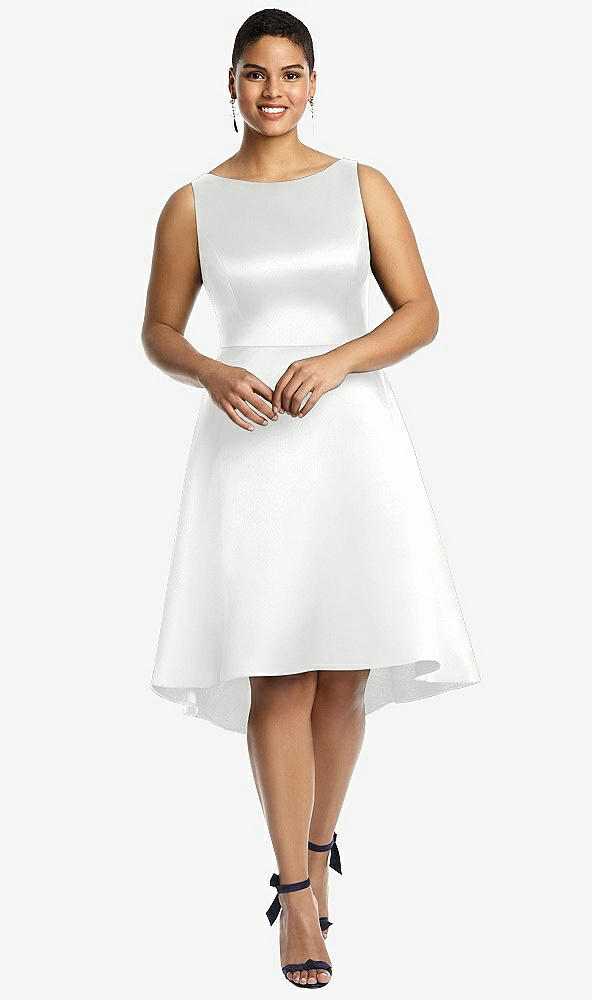 Front View - White Bateau Neck Satin High Low Cocktail Dress