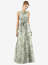 Front View Thumbnail - Cottage Rose Sage Sleeveless Closed-Back Floral Satin Maxi Dress with Pockets