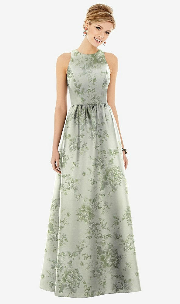 Front View - Cottage Rose Sage Sleeveless Closed-Back Floral Satin Maxi Dress with Pockets