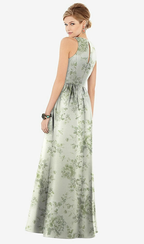 Back View - Cottage Rose Sage Sleeveless Closed-Back Floral Satin Maxi Dress with Pockets