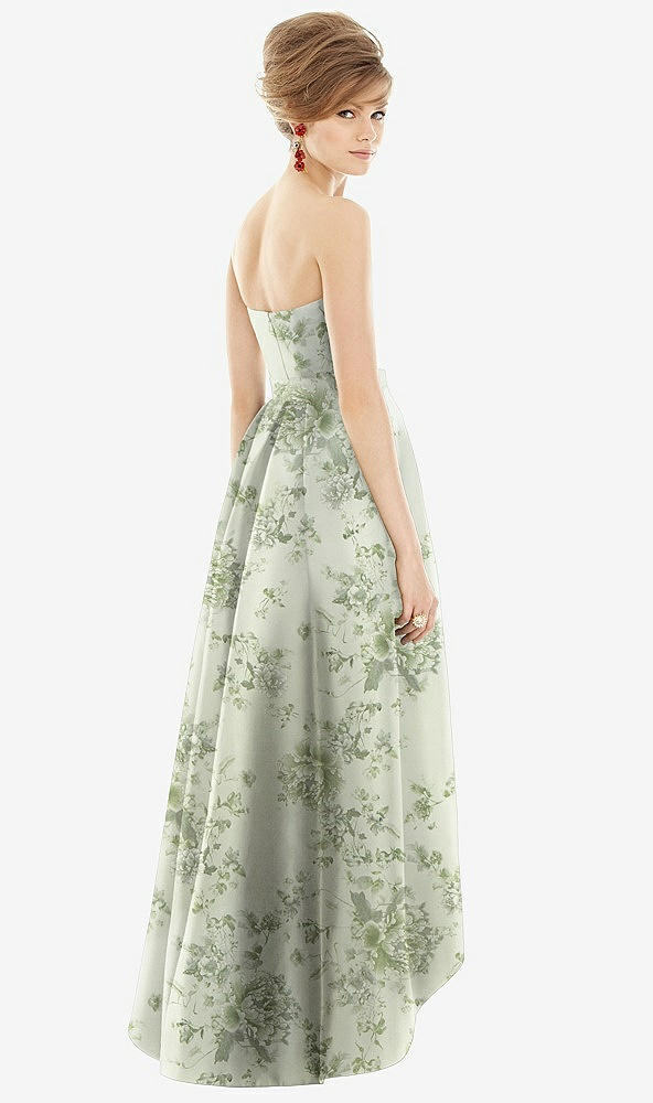 Back View - Cottage Rose Sage Strapless Floral Satin High Low Dress with Pockets