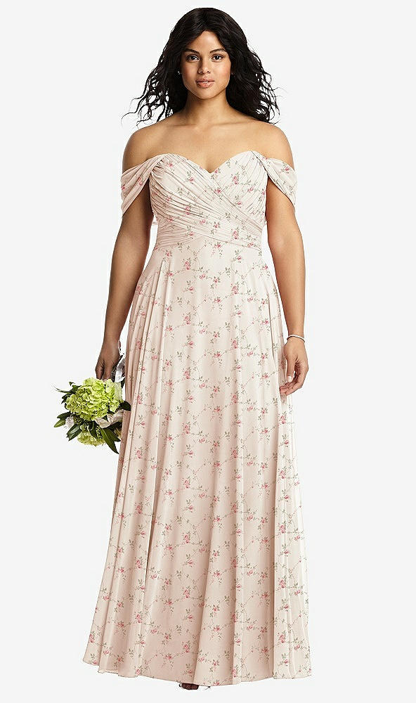 Front View - Coquette Floral Print Off-the-Shoulder Draped Chiffon Maxi Dress