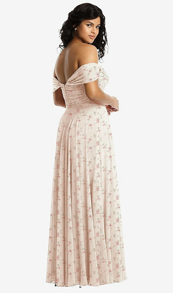 Back View - Coquette Floral Print Off-the-Shoulder Draped Chiffon Maxi Dress