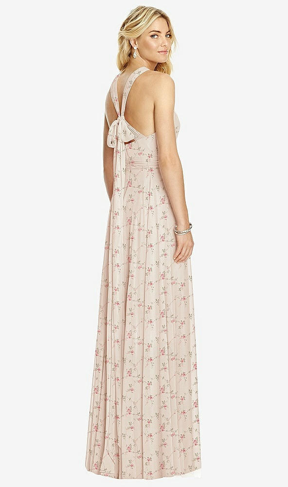 Back View - Coquette Floral Print Cross Strap Open-Back Halter Maxi Dress