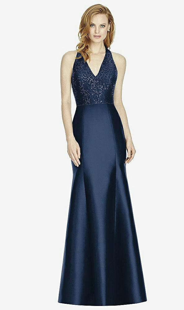 Front View - Midnight Navy & Midnight Navy Studio Design Collection 4514 Full Length Halter V-Neck Bridesmaid Dress