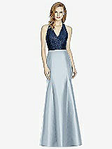 Front View Thumbnail - Mist & Midnight Navy Studio Design Collection 4514 Full Length Halter V-Neck Bridesmaid Dress