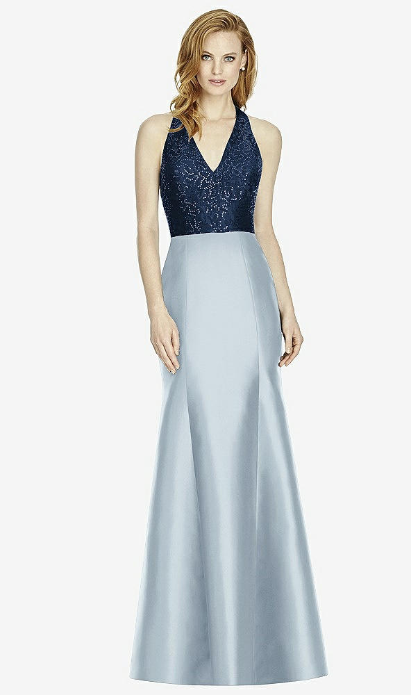 Front View - Mist & Midnight Navy Studio Design Collection 4514 Full Length Halter V-Neck Bridesmaid Dress