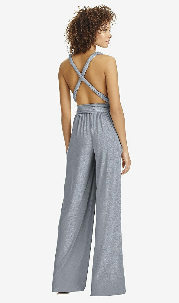 Back View - Platinum Silver Twist Wrap Shimmer Jumpsuit