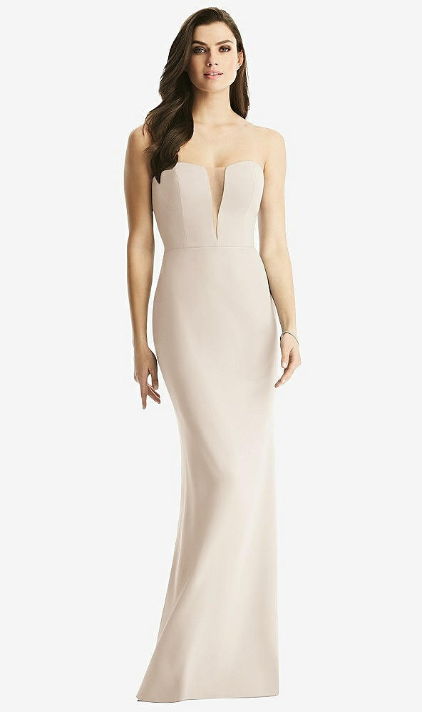 Front View - Oat & Light Nude Sheer Plunge Neckline Strapless Column Dress