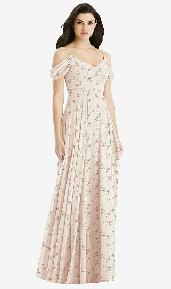 Back View - Coquette Floral Print Off-the-Shoulder Open Cowl-Back Maxi Dress