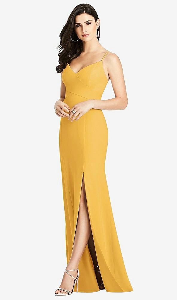 Front View - NYC Yellow Seamed Bodice Crepe Trumpet Gown with Front Slit