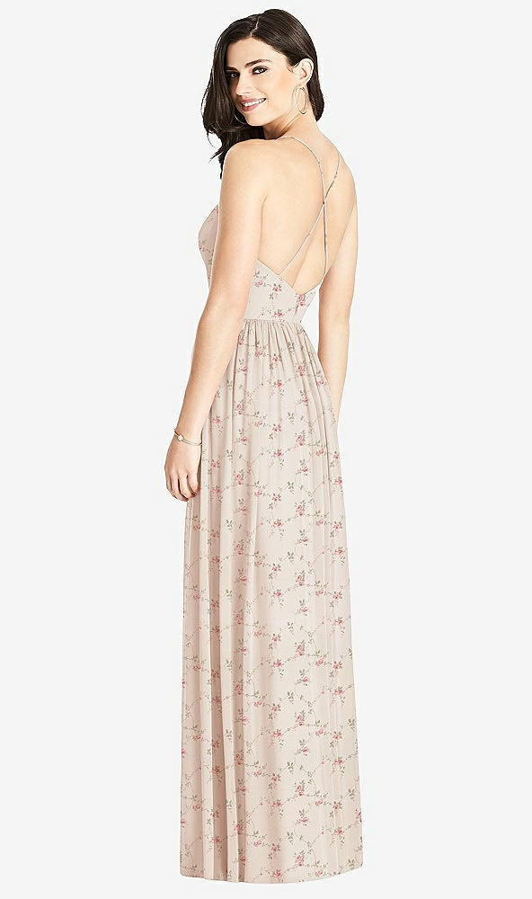 Back View - Coquette Floral Print Criss Cross Strap Backless Maxi Dress