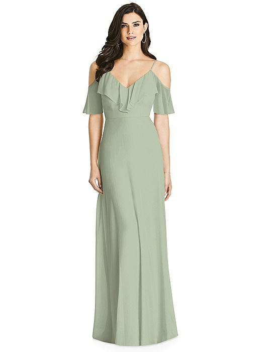 Ruffled Cold-Shoulder Chiffon Maxi Dress