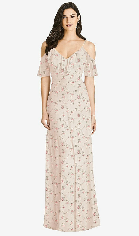 Front View - Coquette Floral Print Ruffled Cold-Shoulder Chiffon Maxi Dress