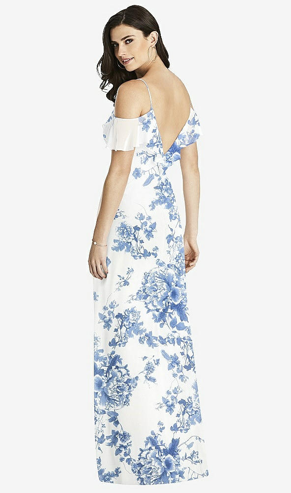 Back View - Cottage Rose Dusk Blue Ruffled Cold-Shoulder Chiffon Maxi Dress