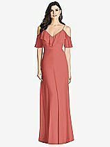 Front View Thumbnail - Coral Pink Ruffled Cold-Shoulder Chiffon Maxi Dress