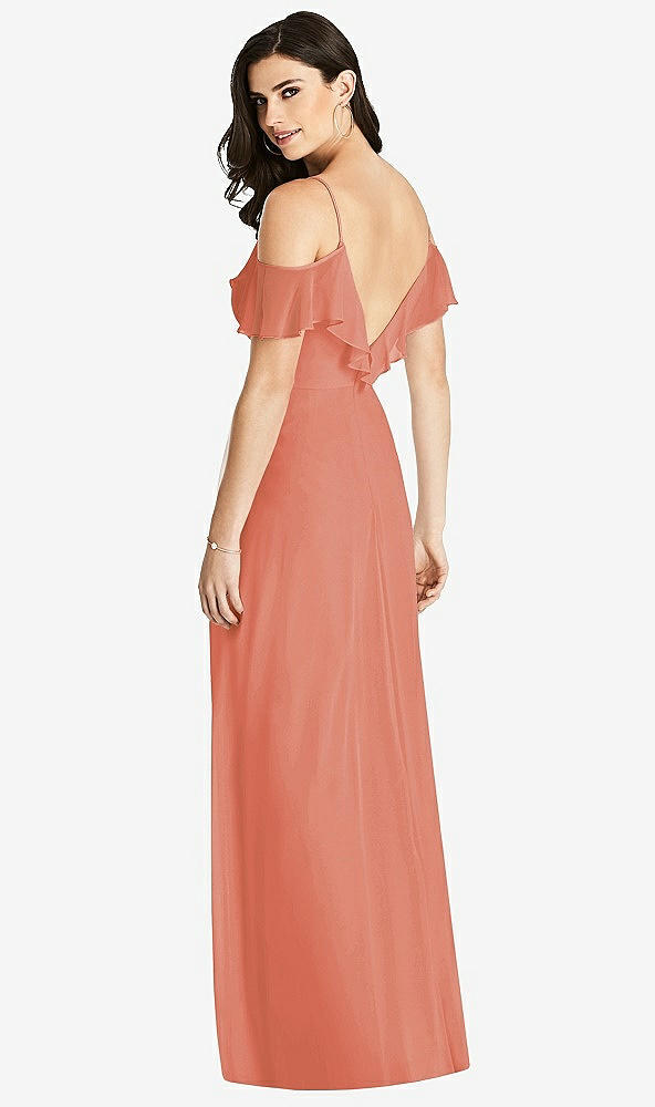 Back View - Terracotta Copper Ruffled Cold-Shoulder Chiffon Maxi Dress