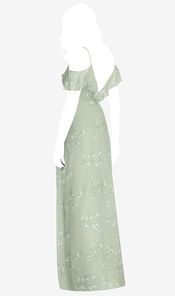 Back View - Vintage Primrose Sage Ruffled Cold-Shoulder Chiffon Maxi Dress