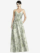 Front View Thumbnail - Cottage Rose Sage Criss Cross Back Floral Satin Maxi Dress with Full A-Line Skirt