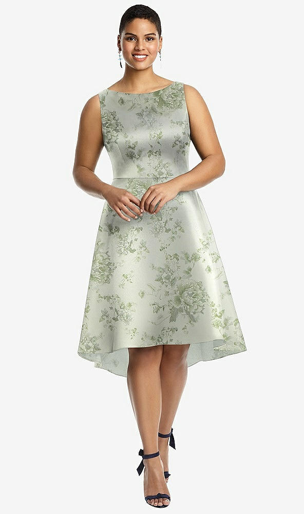 Front View - Cottage Rose Sage Bateau Neck High Low Floral Satin Cocktail Dress