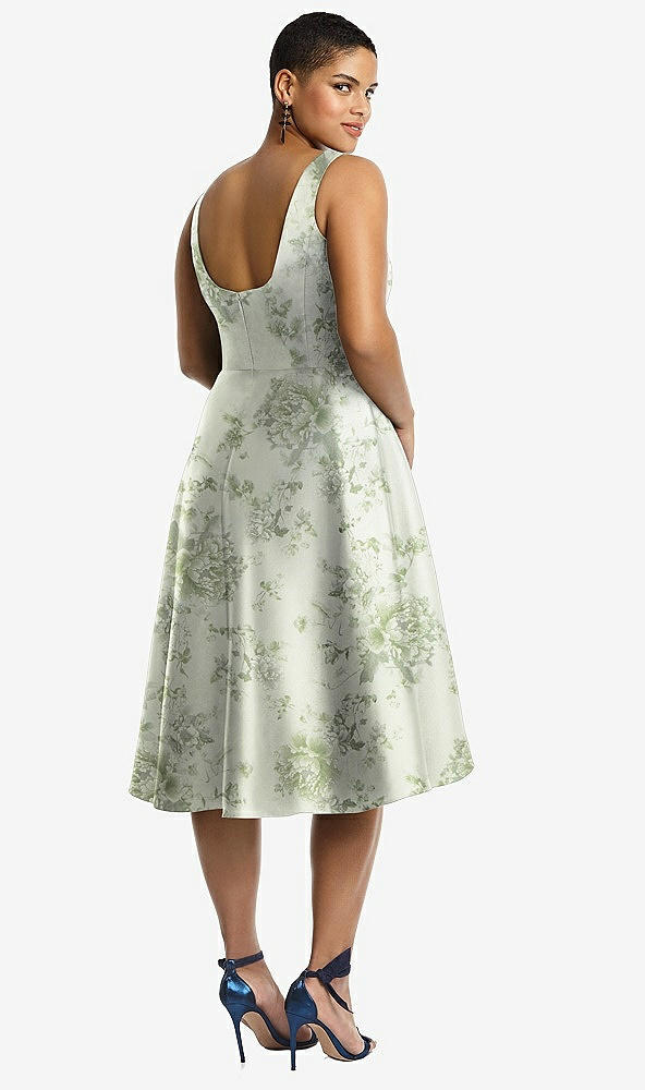 Back View - Cottage Rose Sage Bateau Neck High Low Floral Satin Cocktail Dress