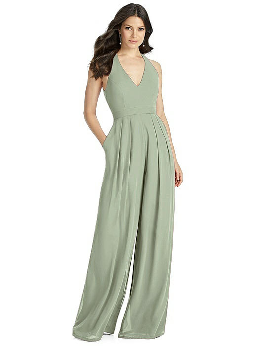 V-Neck Backless Pleated Front Jumpsuit