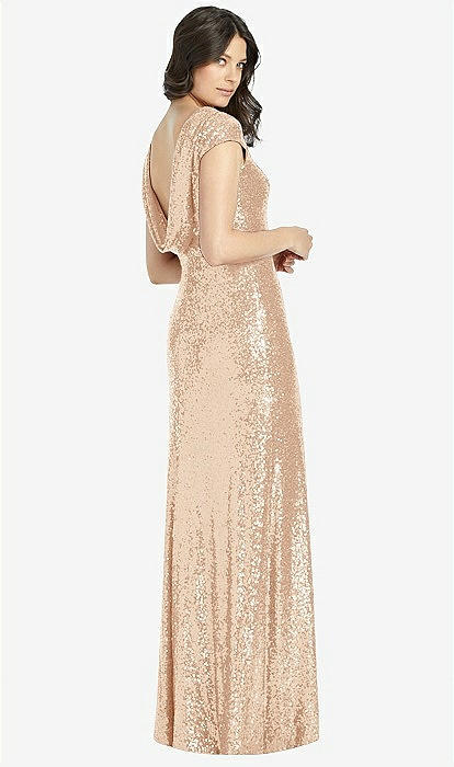 Cap Sleeve Cowl-back Sequin Bridesmaid Dress With Front Slit In Rose Gold |  The Dessy Group