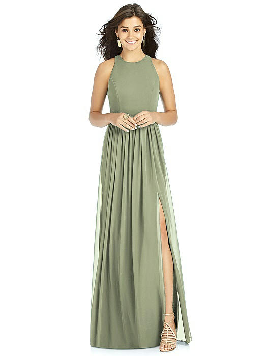 Shirred Skirt Jewel Neck Halter Dress with Front Slit