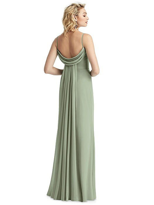 Shirred Sash Cowl-Back Chiffon Trumpet Gown