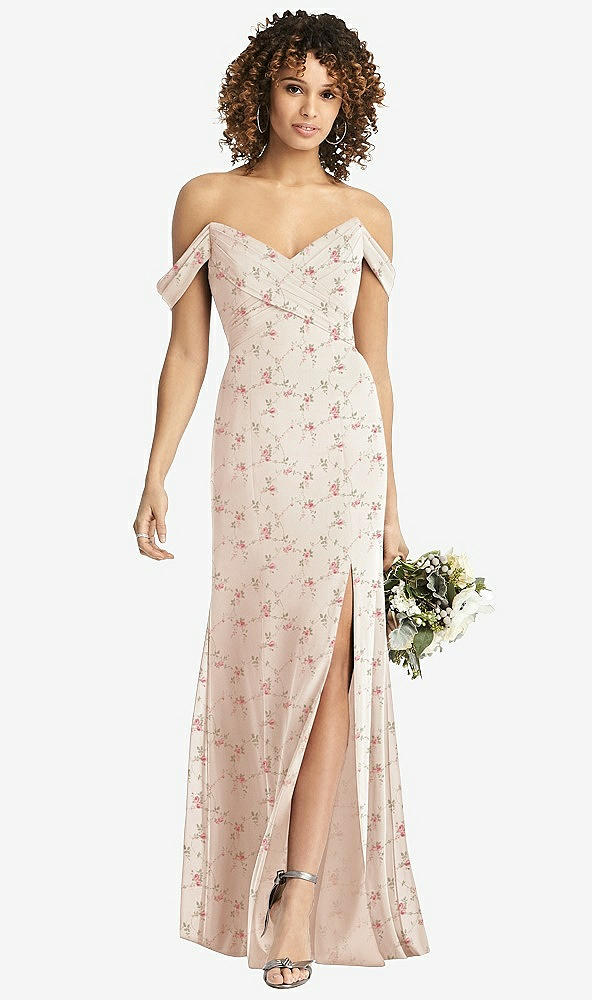 Front View - Coquette Floral Print Off-the-Shoulder Criss Cross Bodice Trumpet Gown