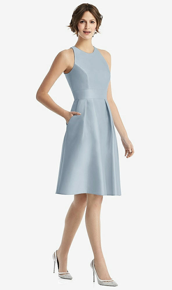 Front View - Mist High-Neck Satin Cocktail Dress with Pockets