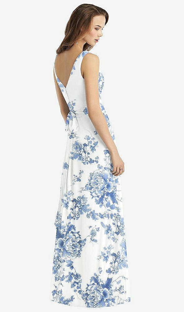 Back View - Cottage Rose Dusk Blue Sleeveless V-Neck Chiffon Wrap Dress