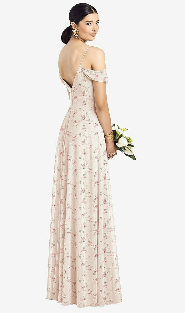 Back View - Coquette Floral Print Cold-Shoulder V-Back Chiffon Maxi Dress