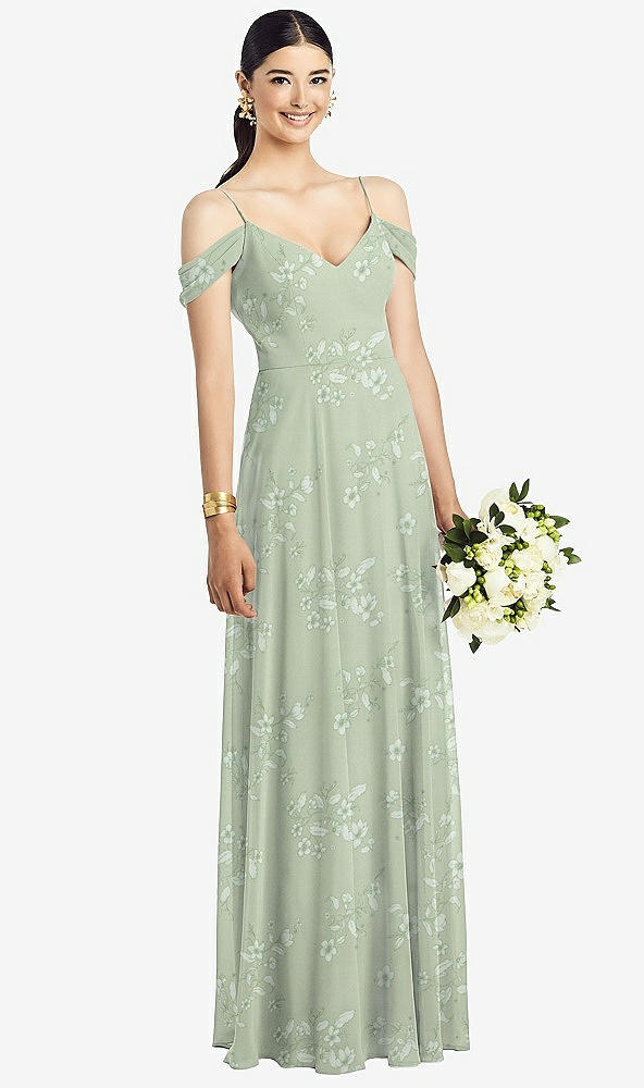 Front View - Vintage Primrose Sage Cold-Shoulder V-Back Chiffon Maxi Dress