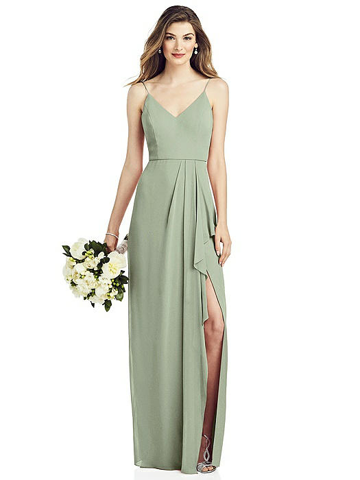 Spaghetti Strap Draped Skirt Gown with Front Slit