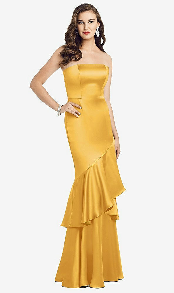 Front View - NYC Yellow Strapless Tiered Ruffle Trumpet Gown