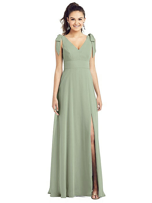 Bow-Shoulder V-Back Chiffon Gown with Front Slit