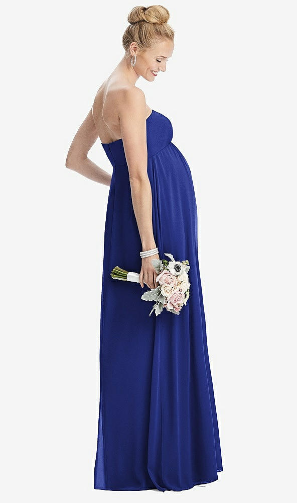 Back View - Cobalt Blue Strapless Chiffon Shirred Skirt Maternity Dress