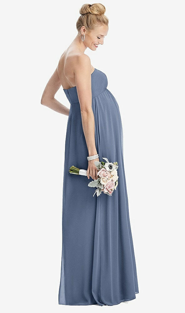 Back View - Larkspur Blue Strapless Chiffon Shirred Skirt Maternity Dress