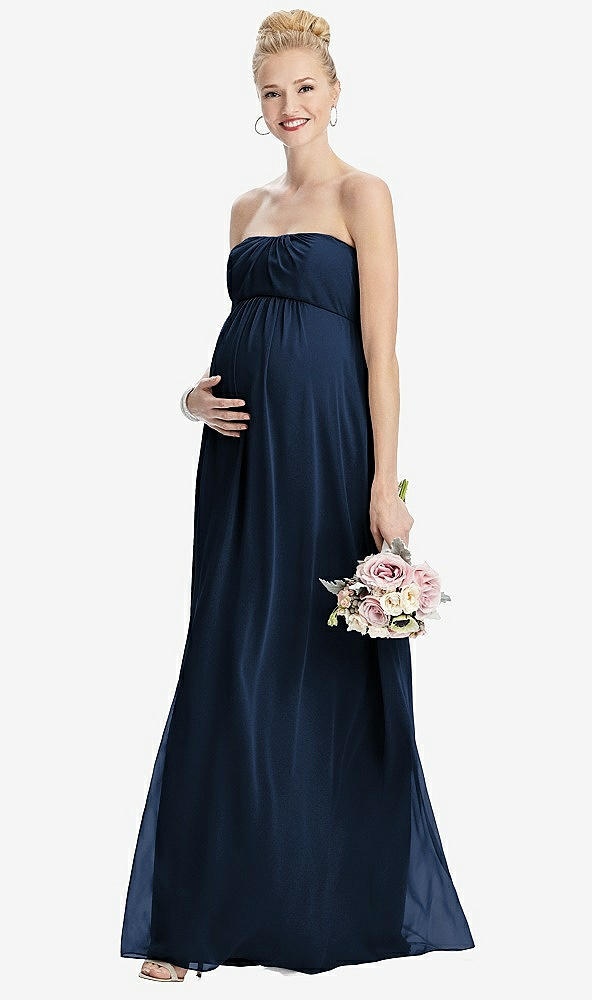 Front View - Midnight Navy Strapless Chiffon Shirred Skirt Maternity Dress