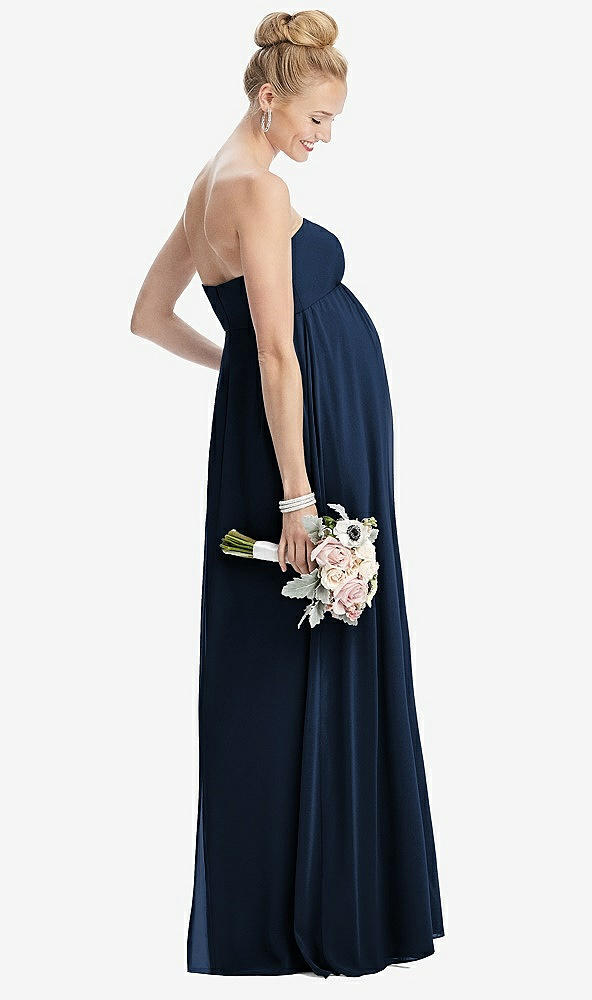 Back View - Midnight Navy Strapless Chiffon Shirred Skirt Maternity Dress